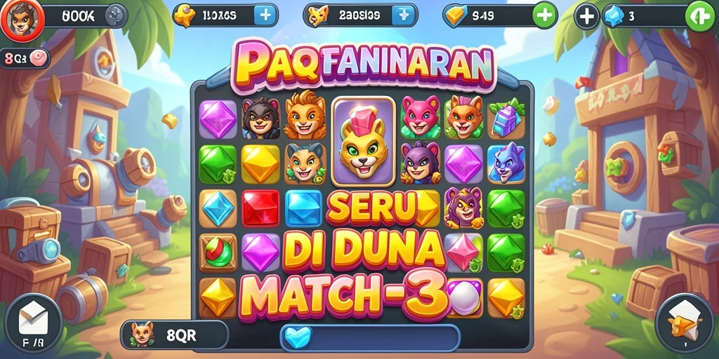 Screenshot gameplay 8QR dengan objek Match-3 yang berwarna-warni.
