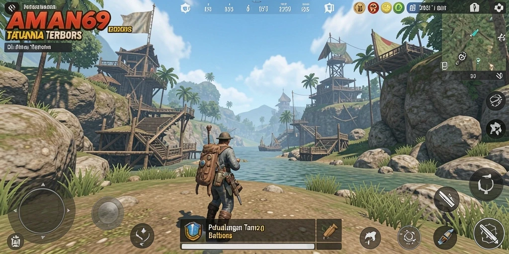 Screenshot gameplay AMAN69 menampilkan dunia terbuka yang luas dan indah.