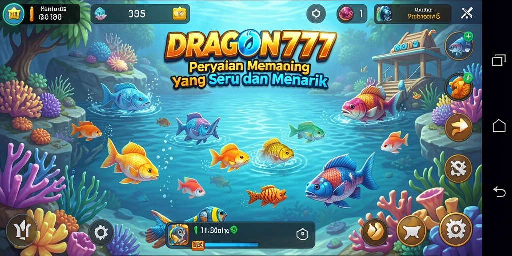 Tampilan gameplay DRAGON777 dengan berbagai ikan dan lokasi memancing.