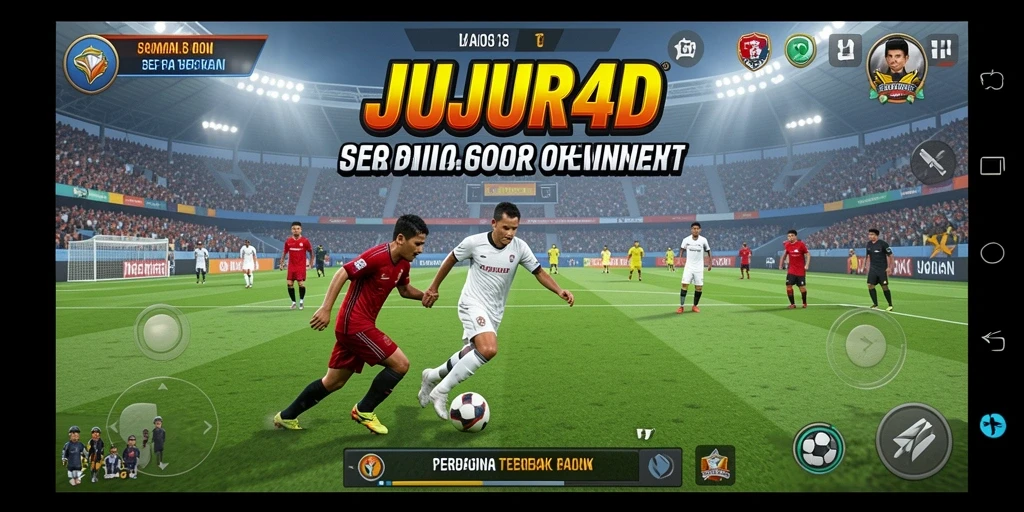Tampilan gameplay JUJUR4D yang menarik saat aksi sepak bola berlangsung.