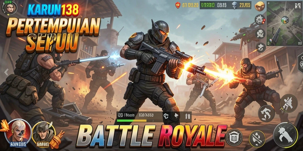 Screenshot gameplay <strong>KARUN138</strong> menampilkan pertempuran seru di arena Battle Royale.