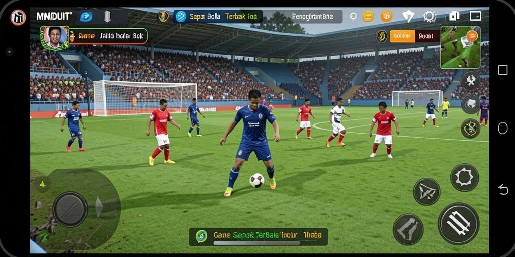 Screenshot utama MNDUIT menampilkan aksi seru di lapangan sepak bola.