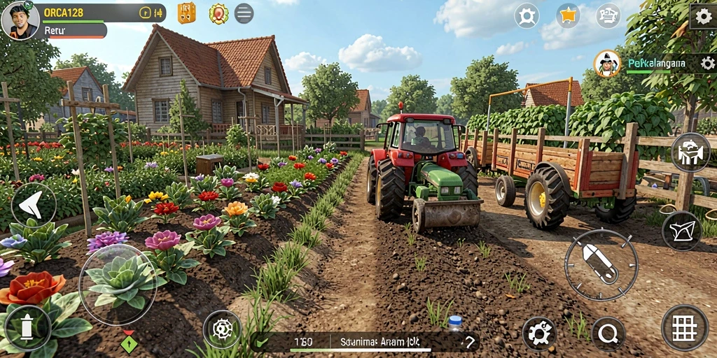 Screenshot gameplay ORCA128 menunjukkan kebun yang cantik dan beragam tanaman.
