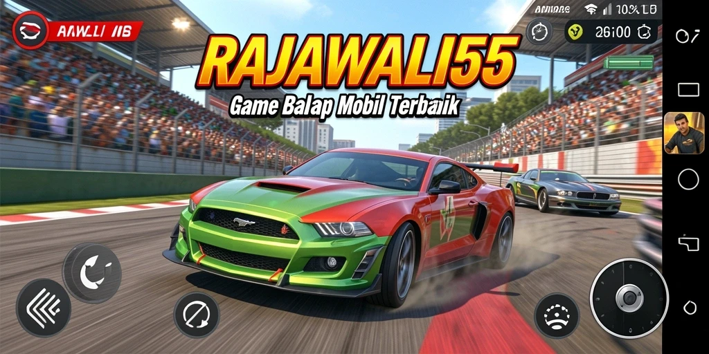 Tangkapan layar utama RAJAWALI55 menunjukkan aksi balap yang seru dan grafis menawan.