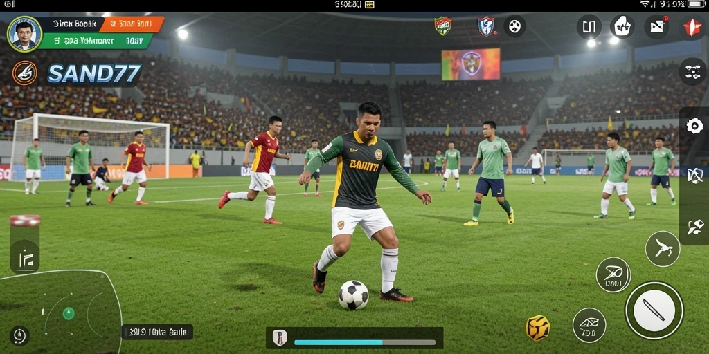 Tangkapan layar gameplay SAND77 menunjukkan aksi menarik dalam pertandingan sepak bola.