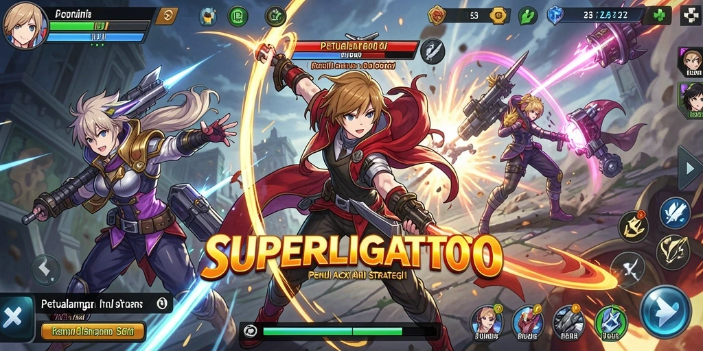 Tampilan gameplay epik dalam SUPERLIGATOTO yang menampilkan karakter anime.