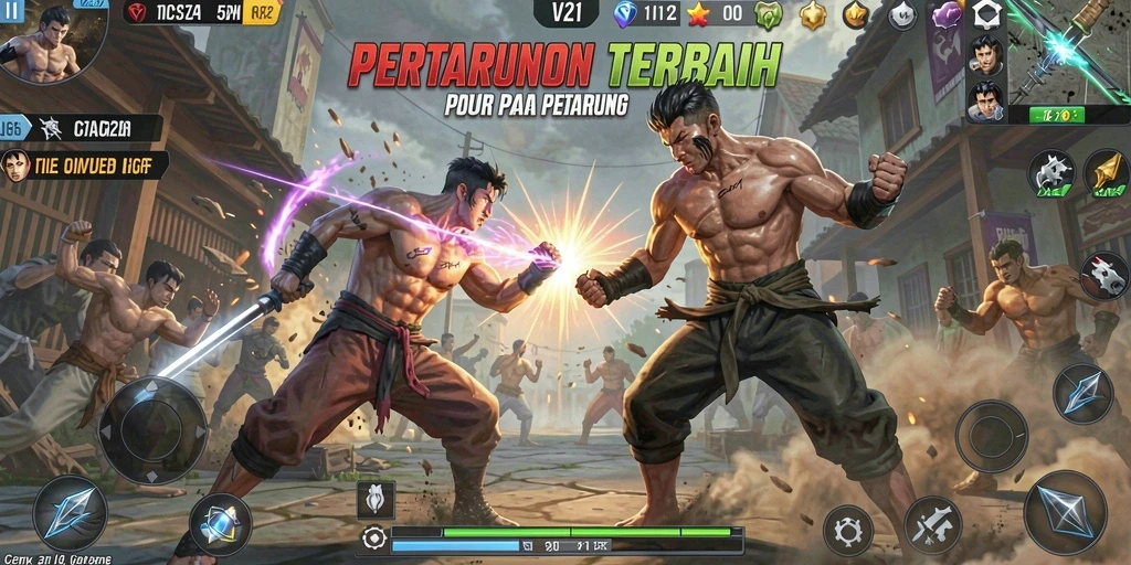 Tampilan gameplay V21 yang penuh aksi dan strategi pertarungan.